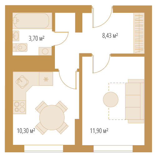 Однокомнатная квартира, 34,33 м²