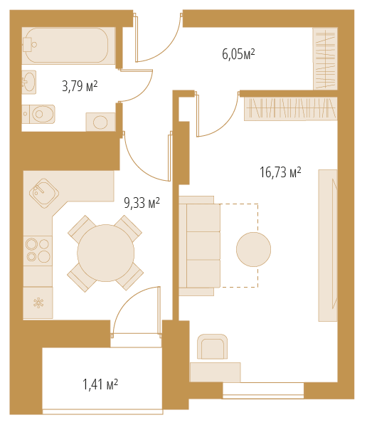 1-комнатная, 37,31 м²