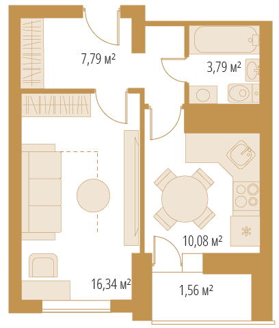 1-комнатная, 39,56 м²