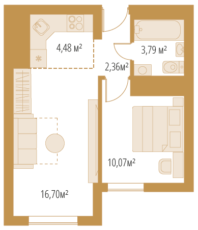 2-комнатная квартира (евро), 37,4 м²