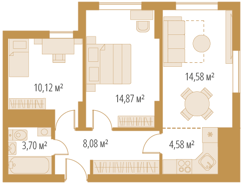 3-комнатная квартира (евро), 55,93 м²