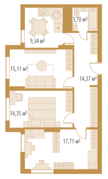 3-комнатная квартира, 74,58 м²
