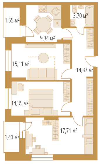 3-комнатная, 77,54 м²